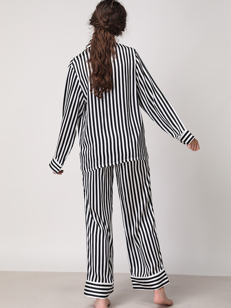 22 Momme Women Luxurious Long Sleeve Striped Silk Pajamas Set