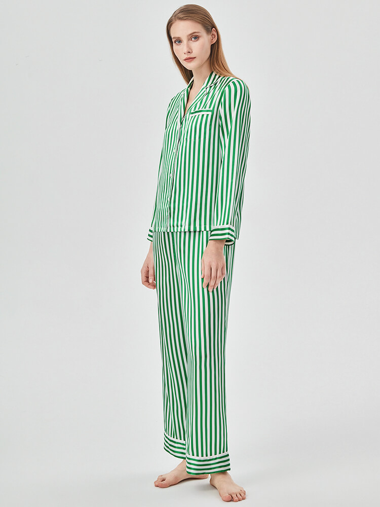 22 Momme Women Luxurious Long Sleeve Striped Silk Pajamas Set