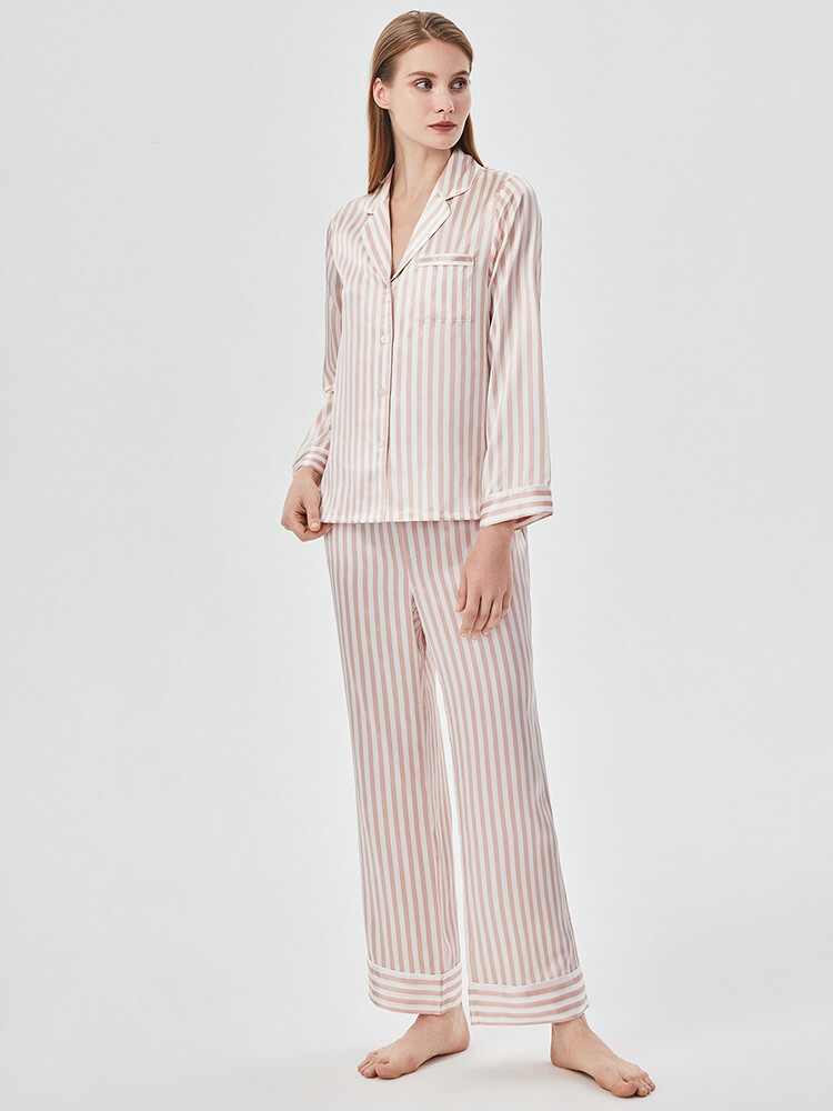 22 Momme Women Luxurious Long Sleeve Striped Silk Pajamas Set