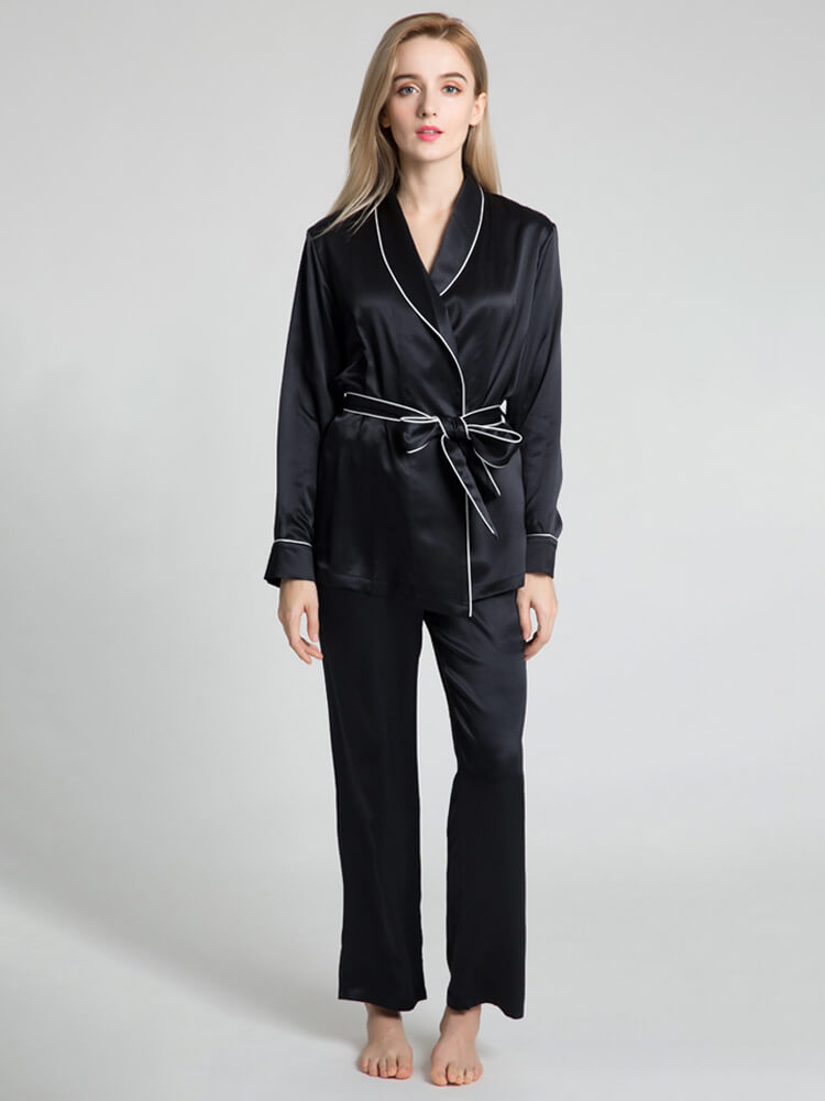 19 Momme Long Belted Silk Pajama Set For Women - Click Image to Close