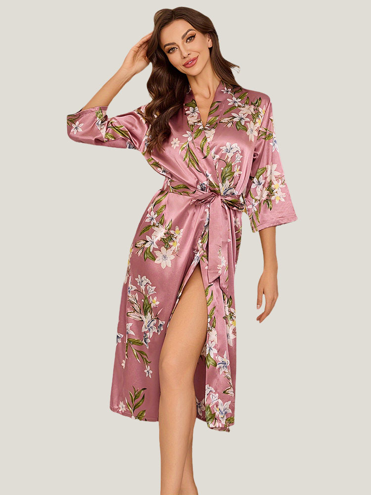 22 Momme Dusty Rose Floral Three Quarter Sleeve Long Silk Robe