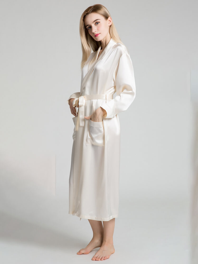 19 Momme Elegant Solid Silk Long Robe With Belt For Women