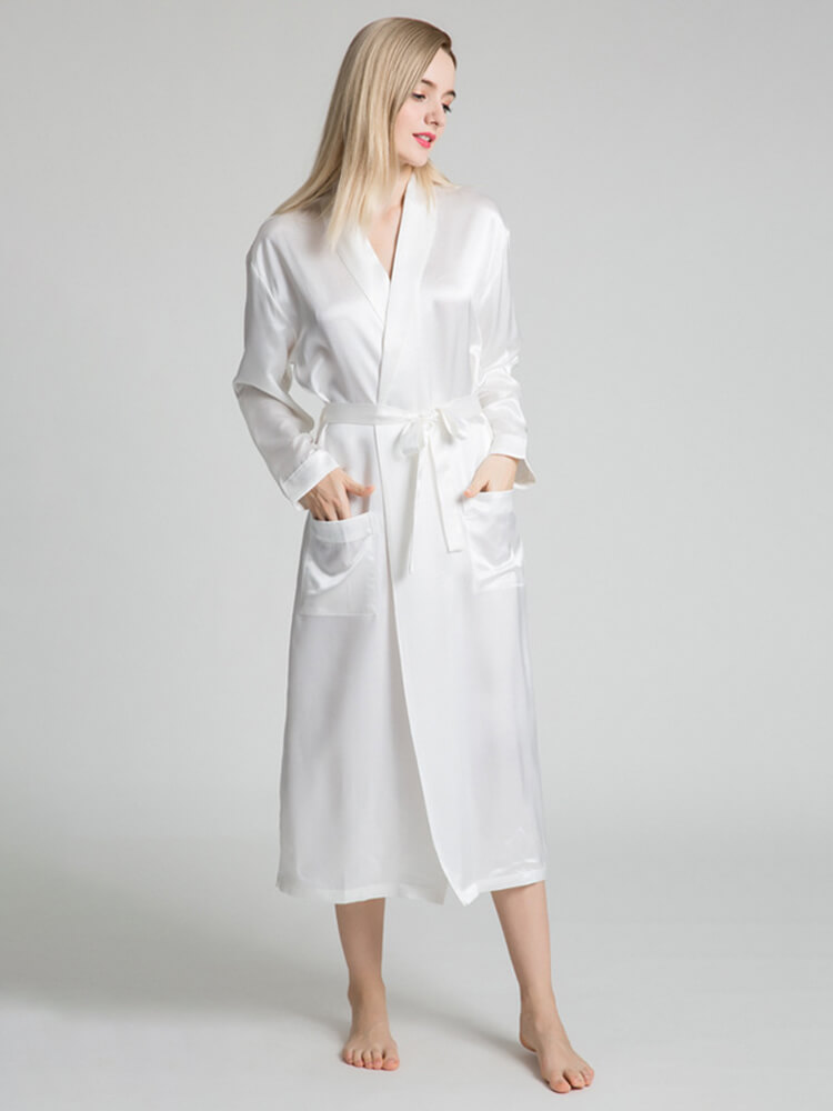 19 Momme Elegant Solid Silk Long Robe With Belt For Women