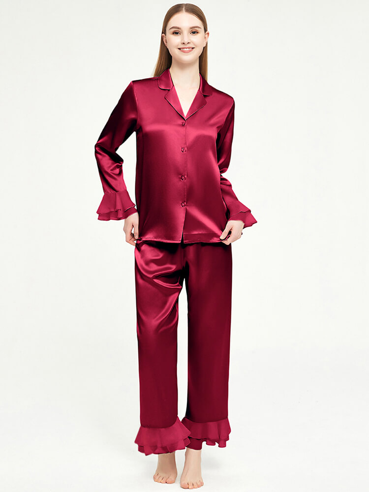 22 Momme Feminine Ruffled Full Length Silk Pajamas Set
