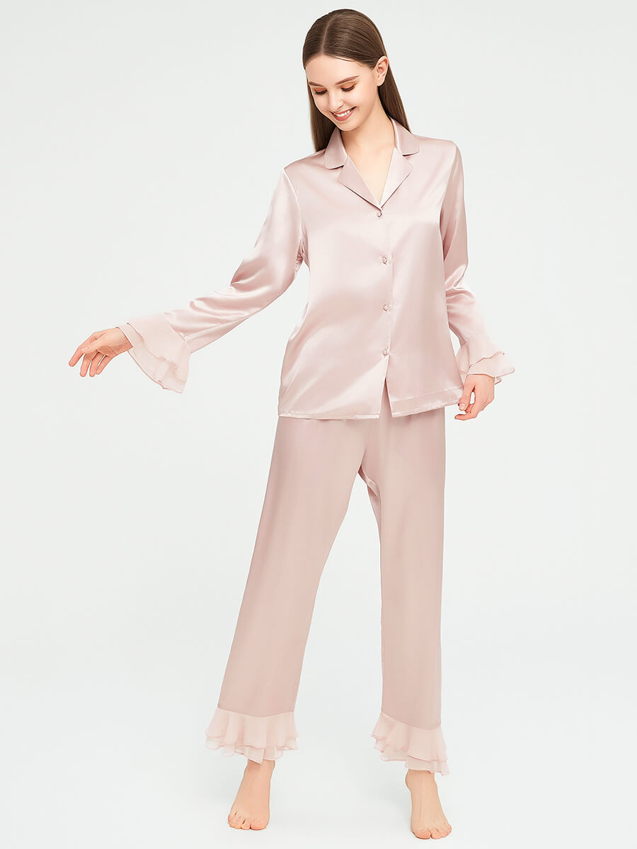 Women Luxury Pink Long Silk Pajama Set with Silk Chiffon Ruffles