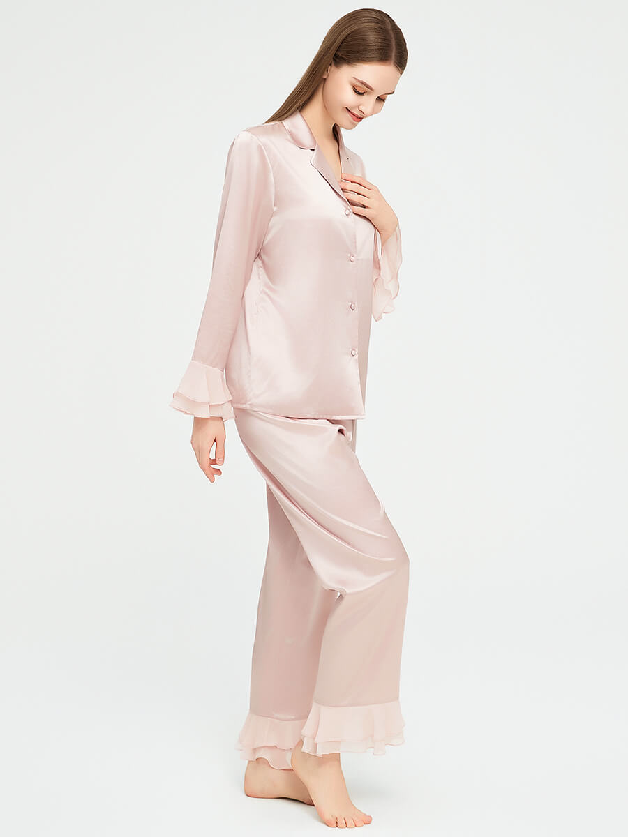 Women Luxury Pink Long Silk Pajama Set with Silk Chiffon Ruffles