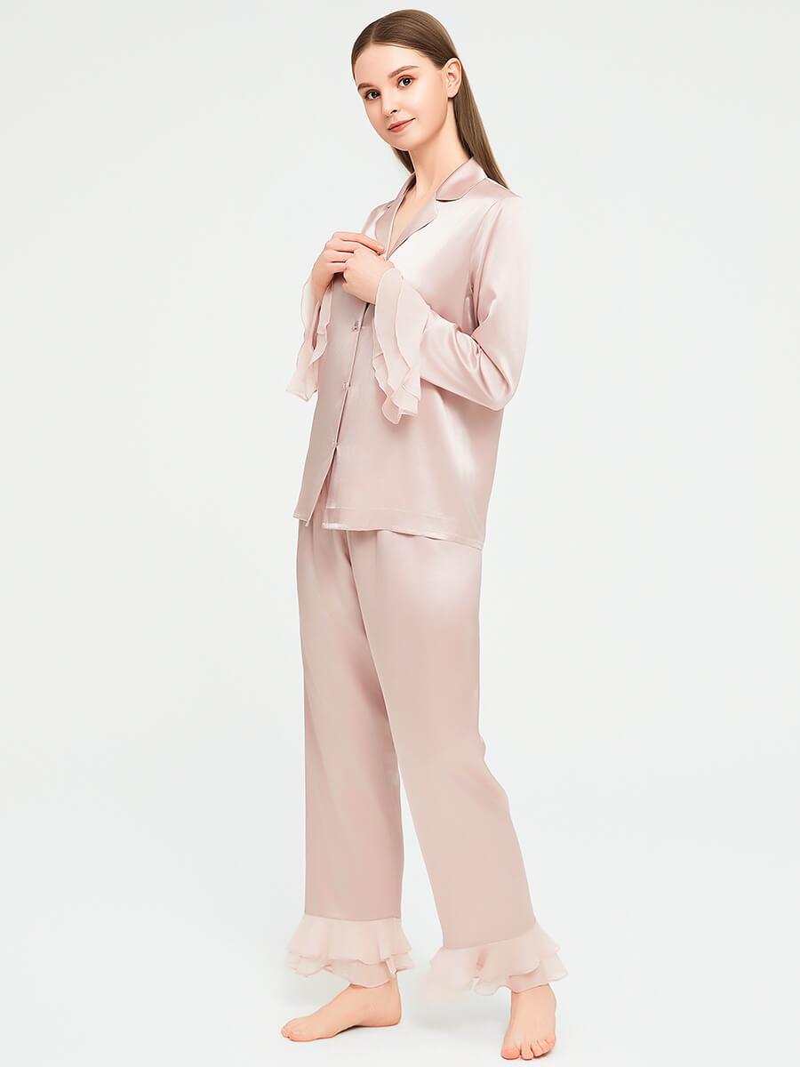 Women Luxury Pink Long Silk Pajama Set with Silk Chiffon Ruffles
