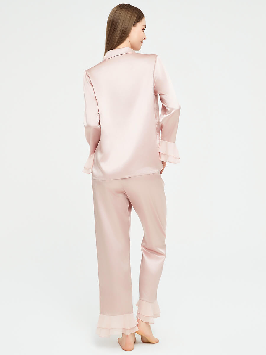 Women Luxury Pink Long Silk Pajama Set with Silk Chiffon Ruffles