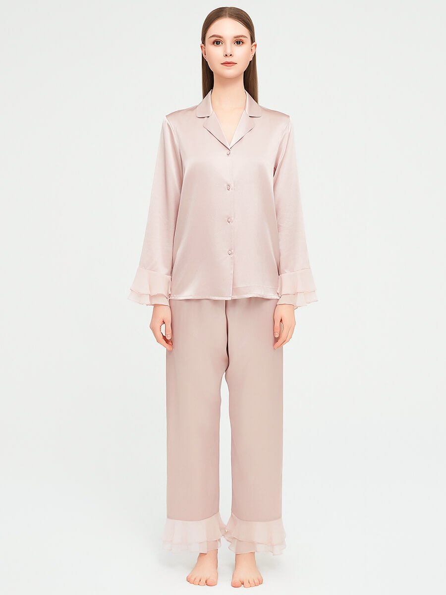 Women Luxury Pink Long Silk Pajama Set with Silk Chiffon Ruffles