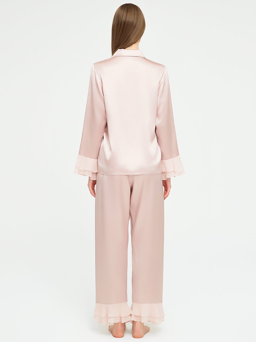 Women Luxury Pink Long Silk Pajama Set with Silk Chiffon Ruffles