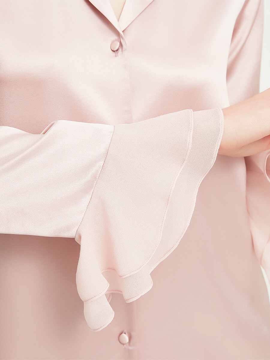 Women Luxury Pink Long Silk Pajama Set with Silk Chiffon Ruffles