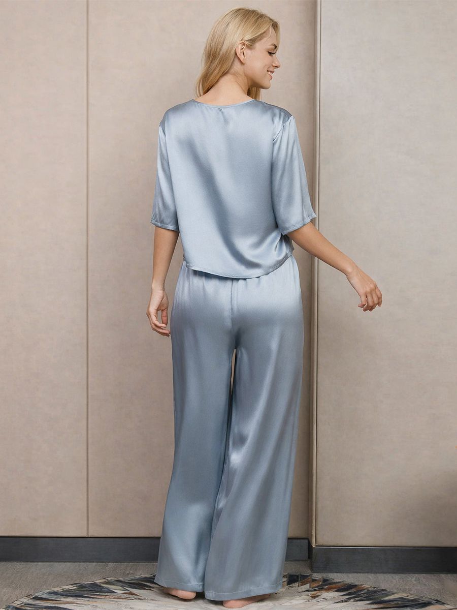 19 Momme Short Sleeve Pure Silk Crop Top and Wide-Leg Pants Set