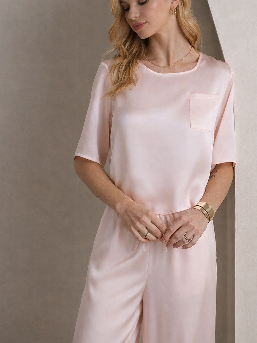 19 Momme Short Sleeve Pure Silk Crop Top and Wide-Leg Pants Set