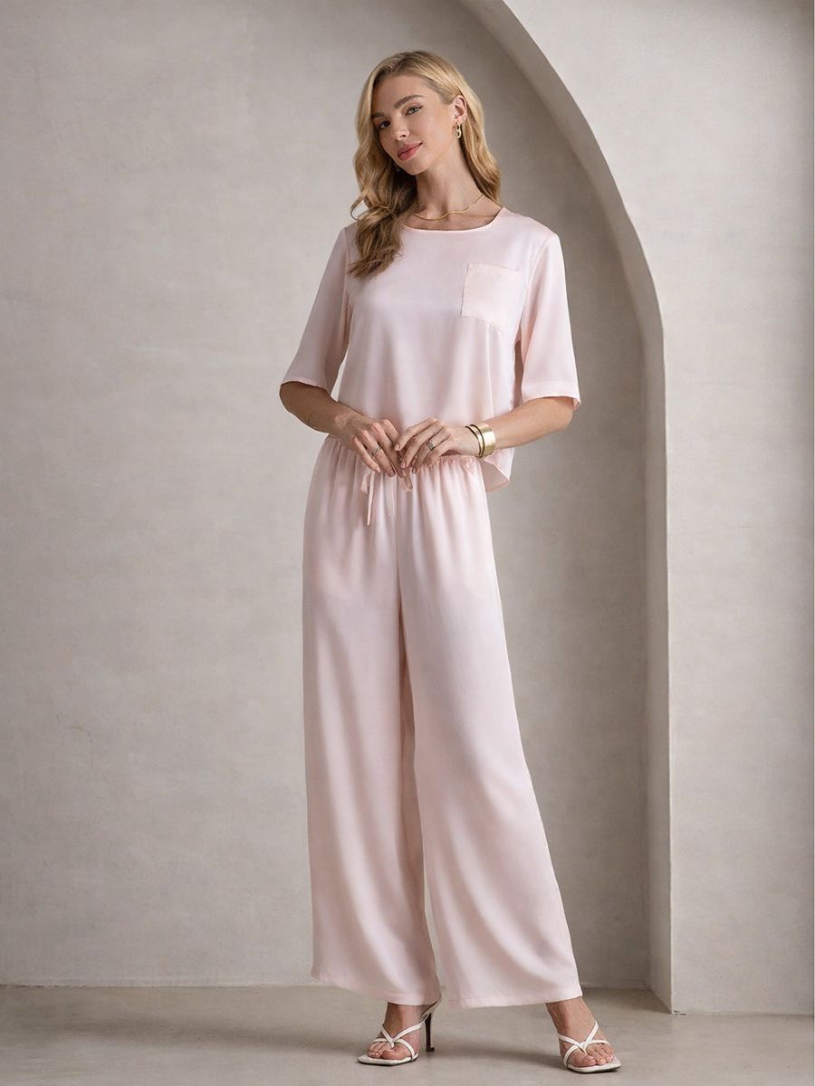 19 Momme Short Sleeve Pure Silk Crop Top and Wide-Leg Pants Set