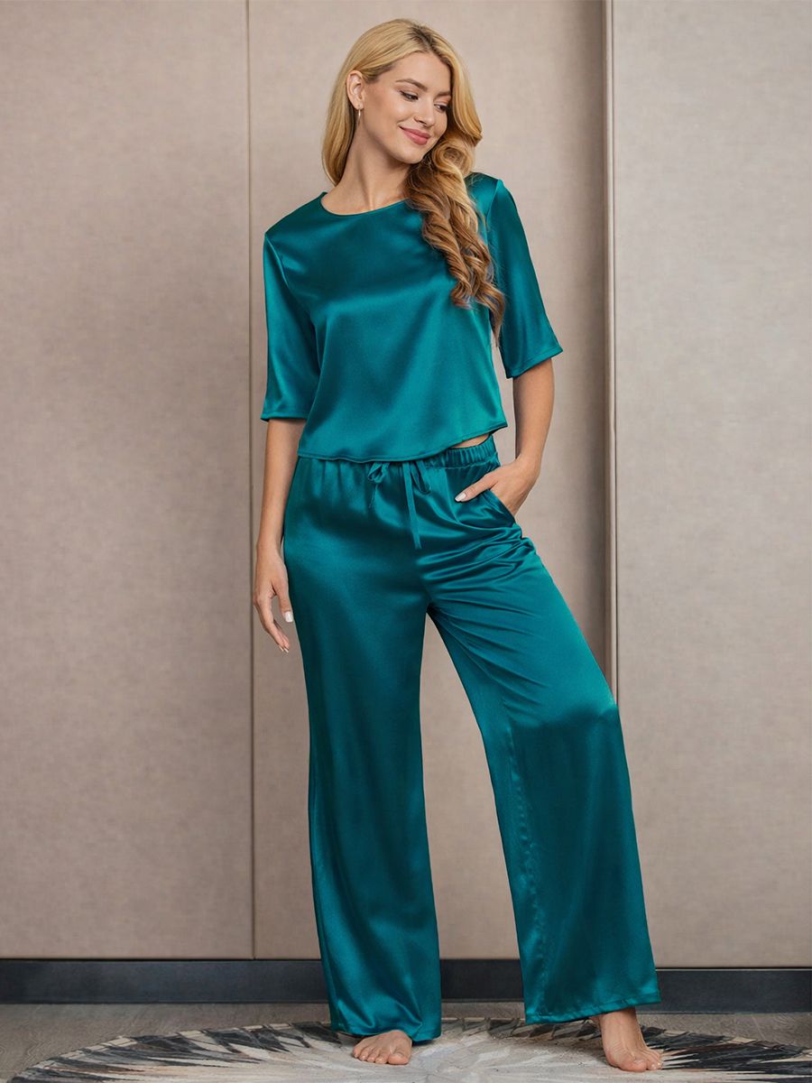 19 Momme Short Sleeve Pure Silk Crop Top and Wide-Leg Pants Set