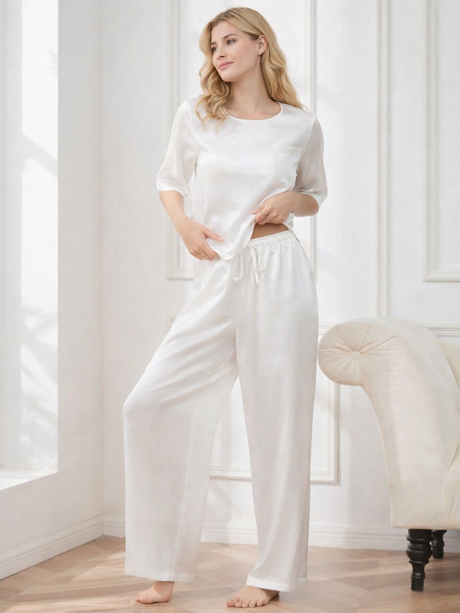 19 Momme Short Sleeve Pure Silk Crop Top and Wide-Leg Pants Set