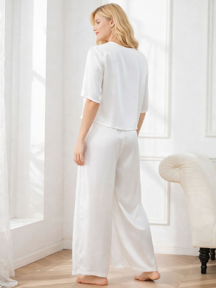 19 Momme Short Sleeve Pure Silk Crop Top and Wide-Leg Pants Set