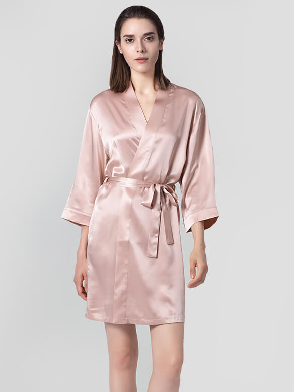 Elegant Kimono Collar Short Silk Robe For Women With Belt