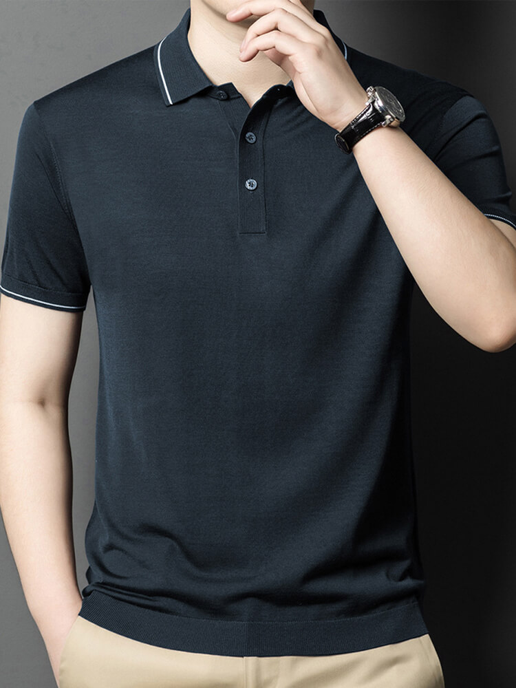 Men's Classic Short Sleeve Knitted Silk Polo Shirt Contrast Trim