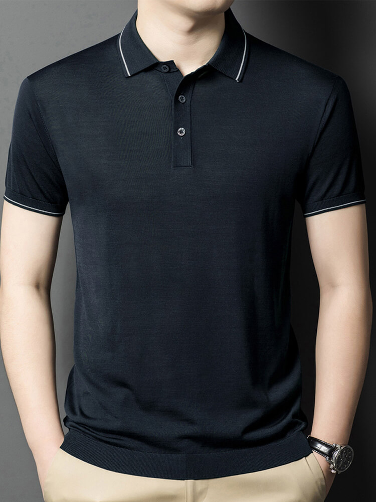 Men's Classic Short Sleeve Knitted Silk Polo Shirt Contrast Trim