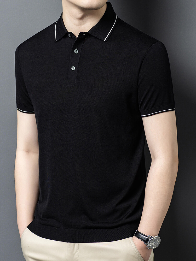 Men's Classic Short Sleeve Knitted Silk Polo Shirt Contrast Trim