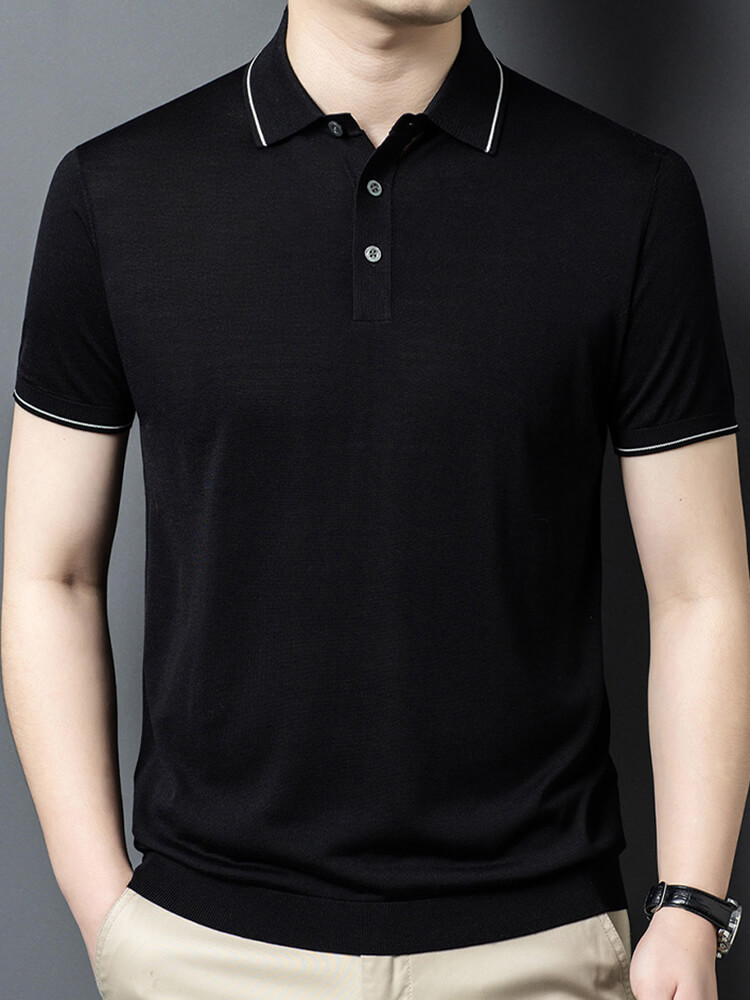 Men's Classic Short Sleeve Knitted Silk Polo Shirt Contrast Trim