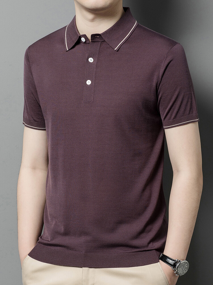 Men's Classic Short Sleeve Knitted Silk Polo Shirt Contrast Trim