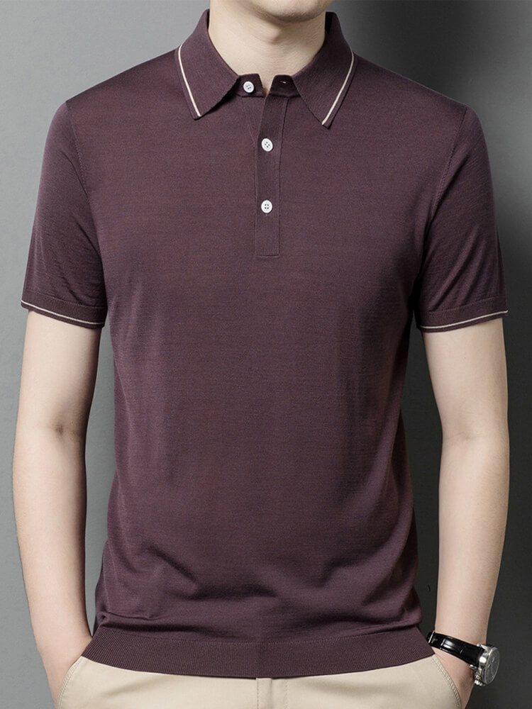 Men's Classic Short Sleeve Knitted Silk Polo Shirt Contrast Trim