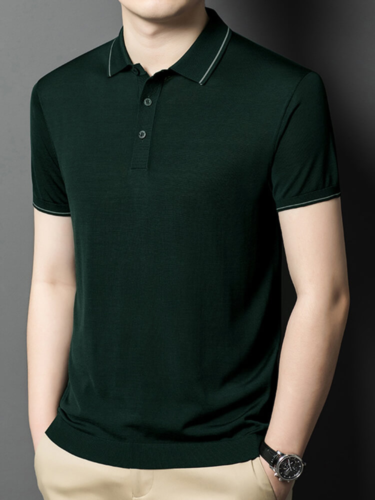 Men's Classic Short Sleeve Knitted Silk Polo Shirt Contrast Trim