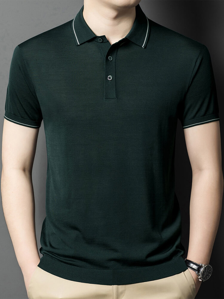 Men's Classic Short Sleeve Knitted Silk Polo Shirt Contrast Trim