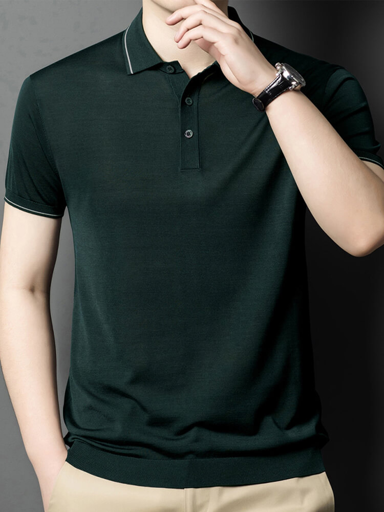 Men's Classic Short Sleeve Knitted Silk Polo Shirt Contrast Trim
