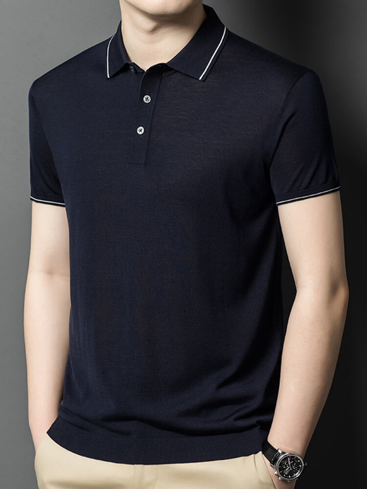 Men's Classic Short Sleeve Knitted Silk Polo Shirt Contrast Trim