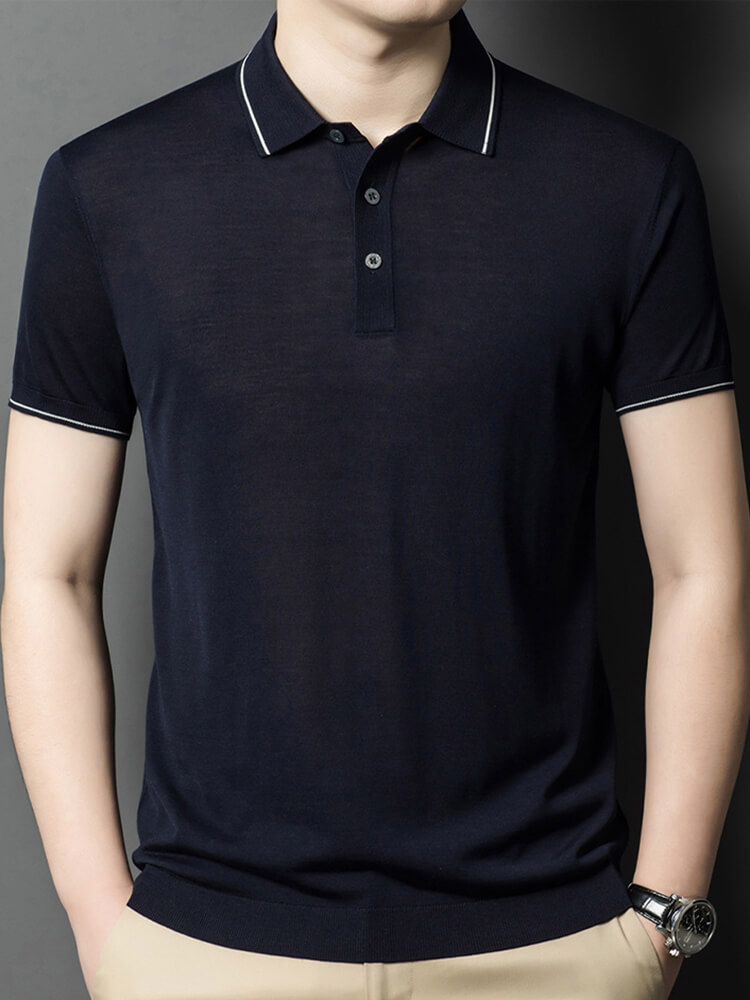 Men's Classic Short Sleeve Knitted Silk Polo Shirt Contrast Trim