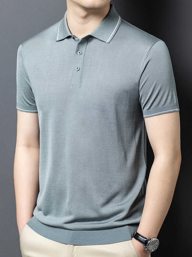 Men's Classic Short Sleeve Knitted Silk Polo Shirt Contrast Trim