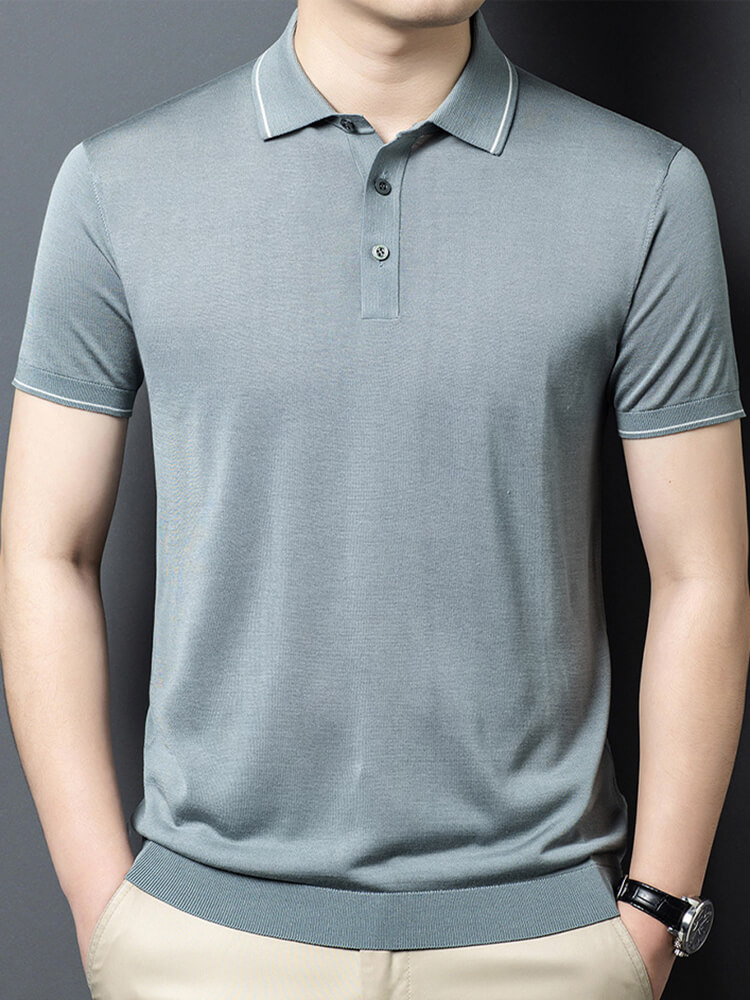 Men's Classic Short Sleeve Knitted Silk Polo Shirt Contrast Trim