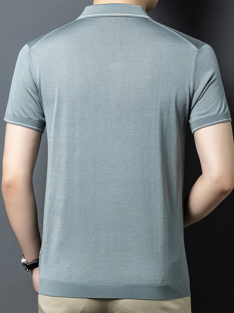 Men's Classic Short Sleeve Knitted Silk Polo Shirt Contrast Trim