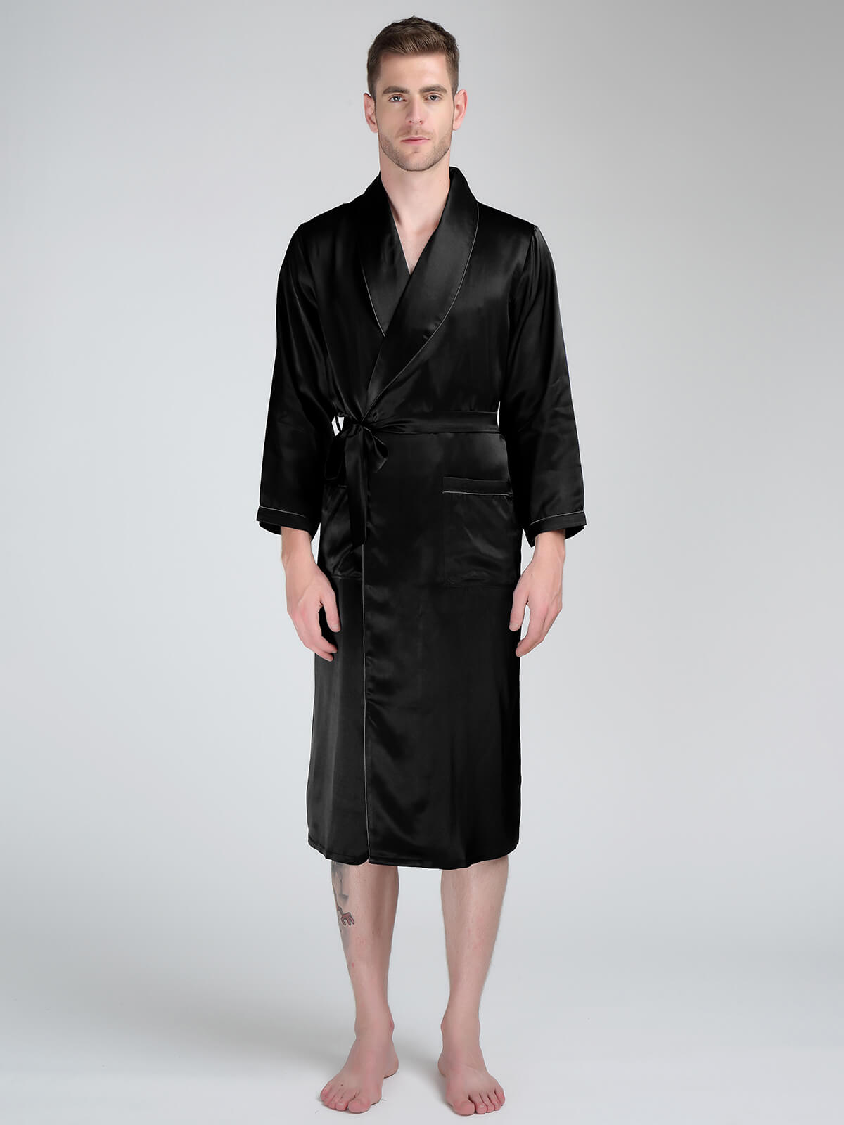 19 Momme Trimmed Classic Long Silk Robe For Men