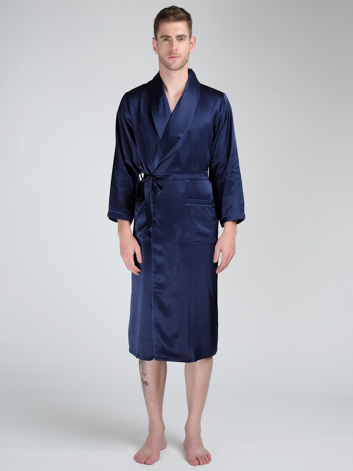 19 Momme Trimmed Classic Long Silk Robe For Men