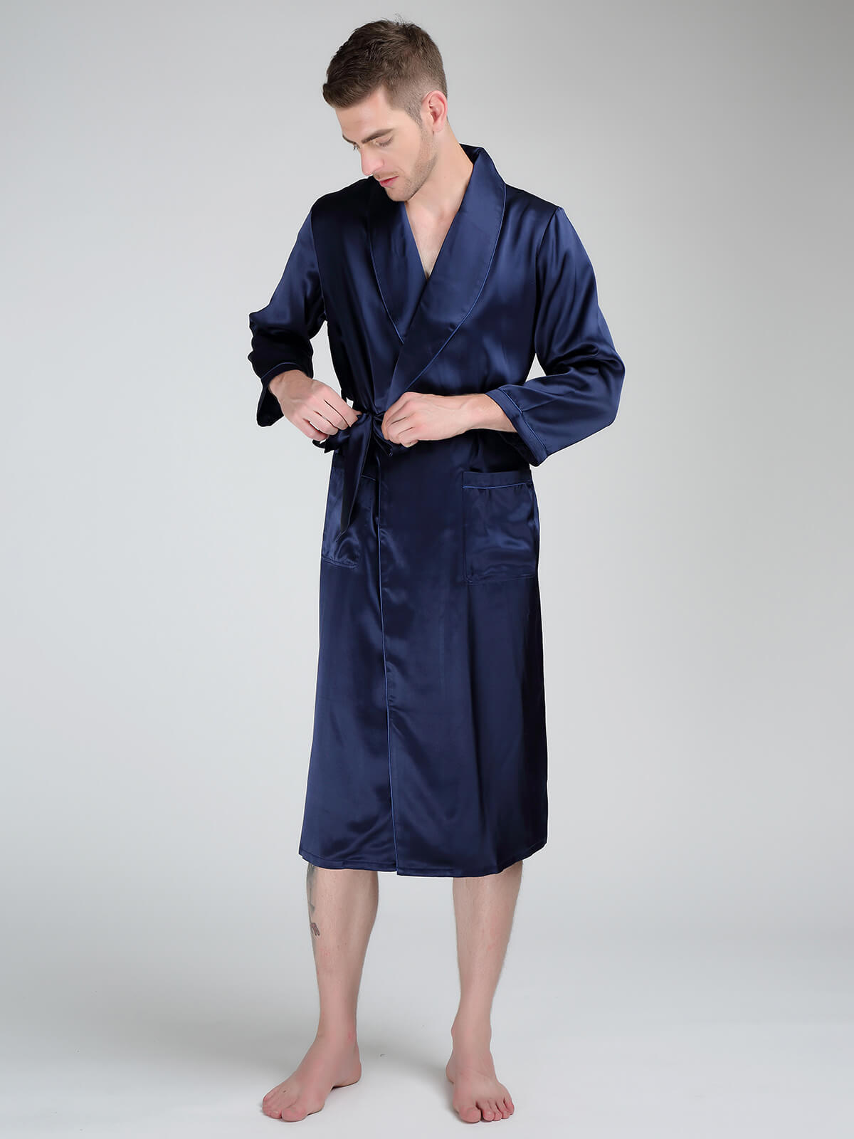 19 Momme Trimmed Classic Long Silk Robe For Men