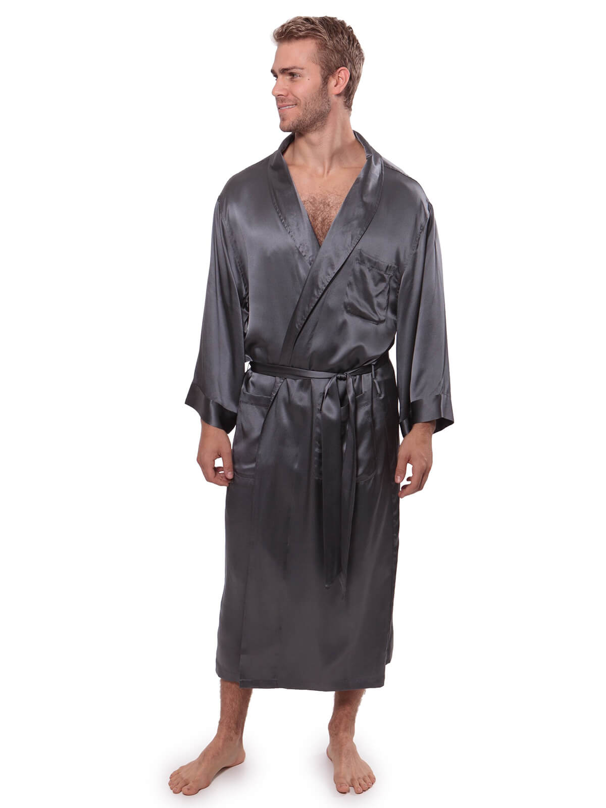 19 Momme Trimmed Classic Long Silk Robe For Men