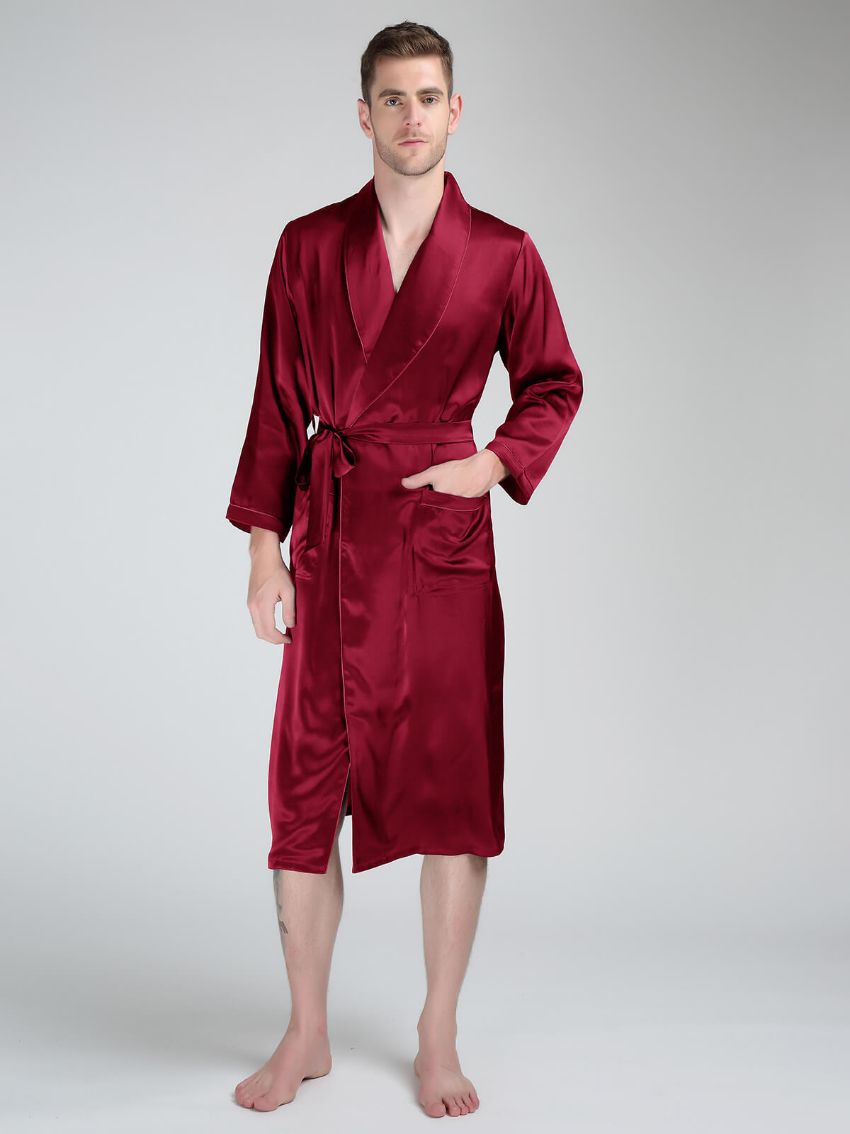 19 Momme Trimmed Classic Long Silk Robe For Men
