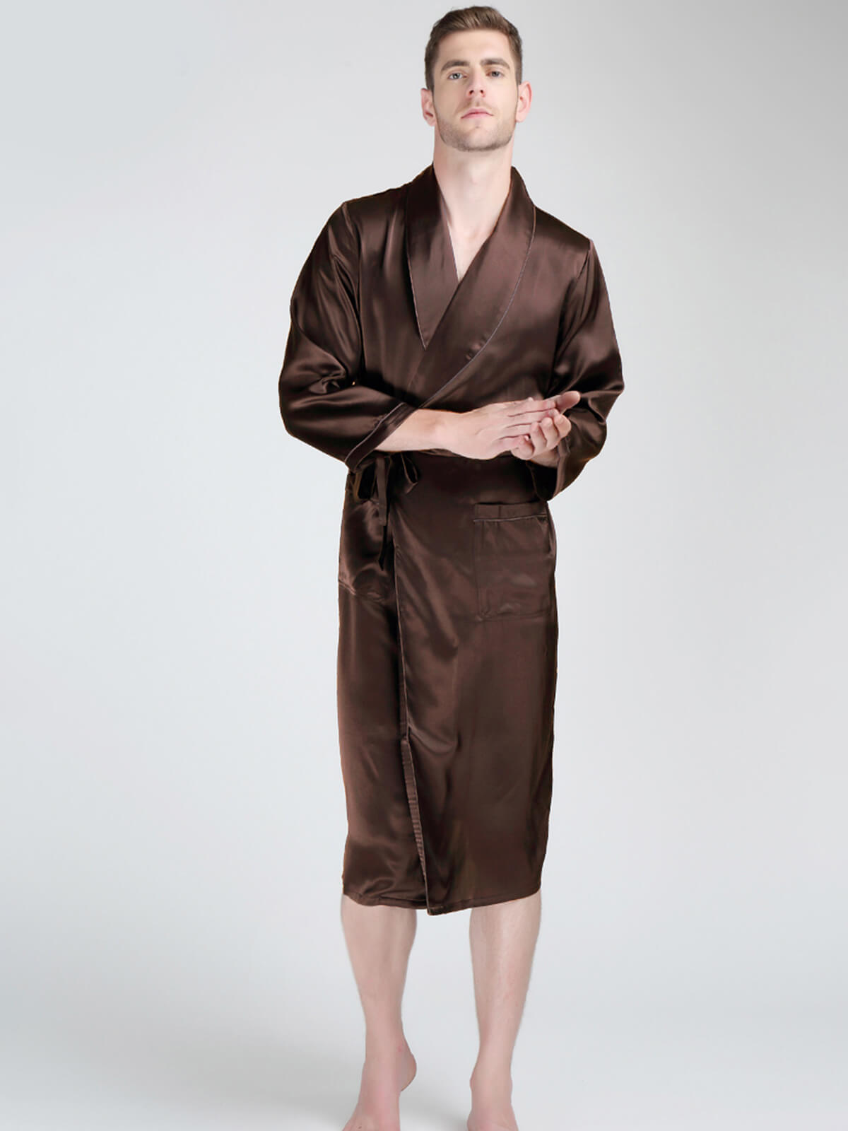 19 Momme Trimmed Classic Long Silk Robe For Men