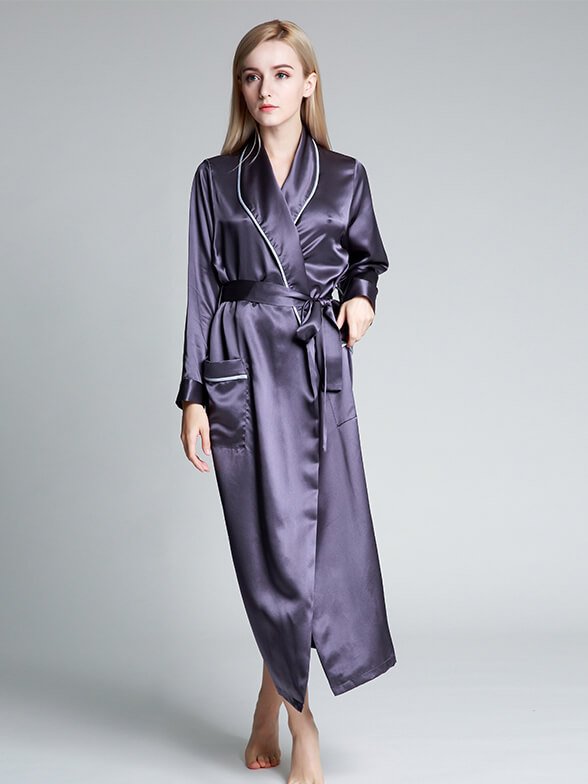 19 Momme Luxurious Piped Long Silk Robe For Women - Click Image to Close