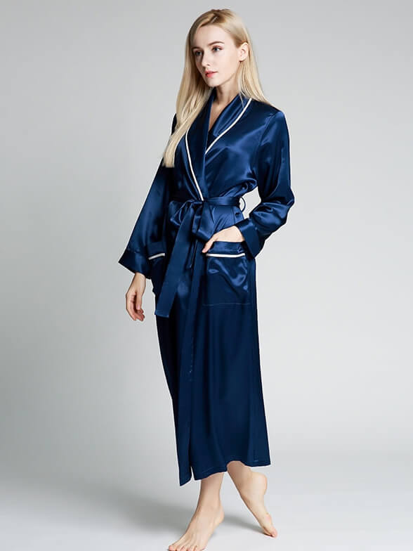 19 Momme Luxurious Piped Long Silk Robe For Women