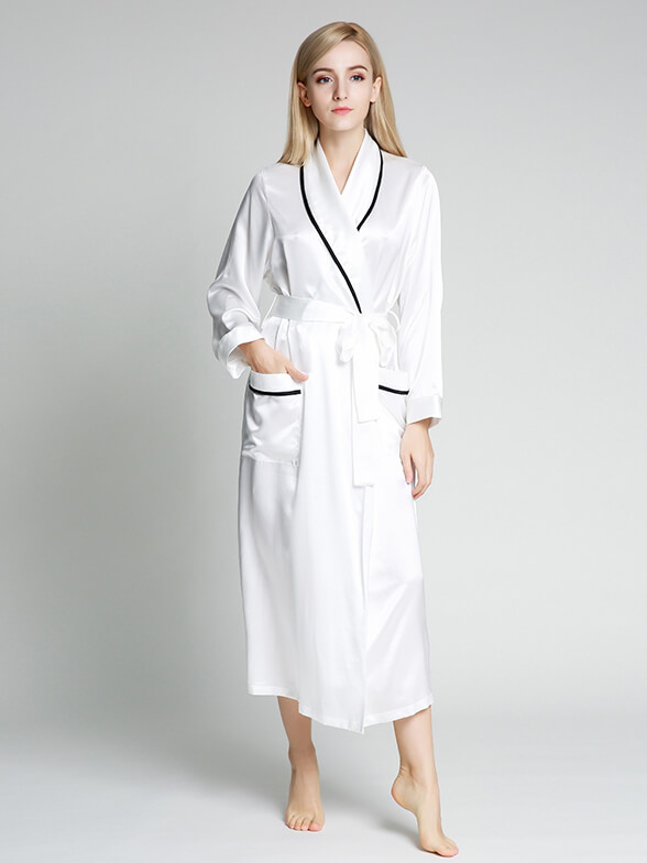 19 Momme Luxurious Piped Long Silk Robe For Women