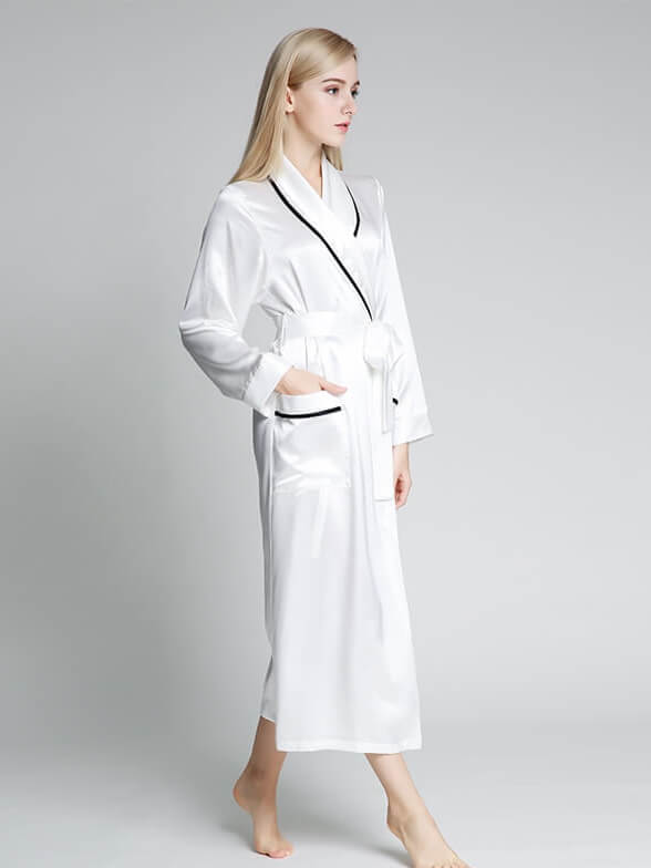 19 Momme Luxurious Piped Long Silk Robe For Women