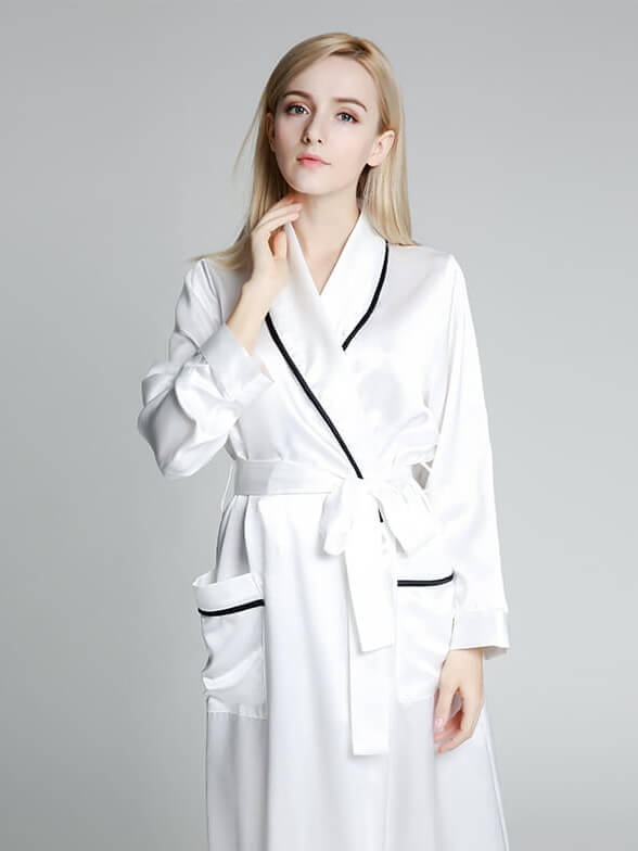 19 Momme Luxurious Piped Long Silk Robe For Women