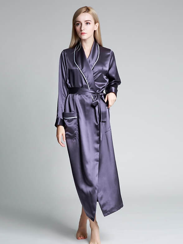 19 Momme Luxurious Piped Long Silk Robe For Women