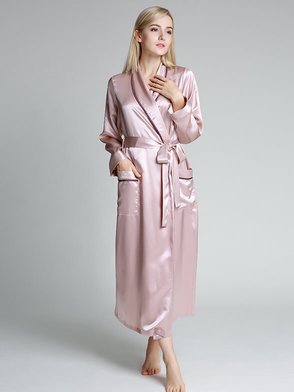 19 Momme Luxurious Piped Long Silk Robe For Women