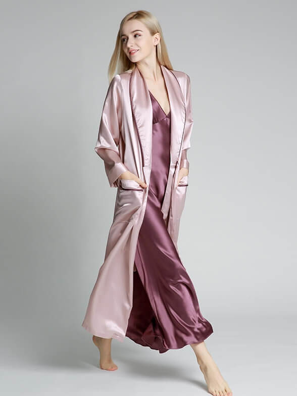 19 Momme Luxurious Piped Long Silk Robe For Women